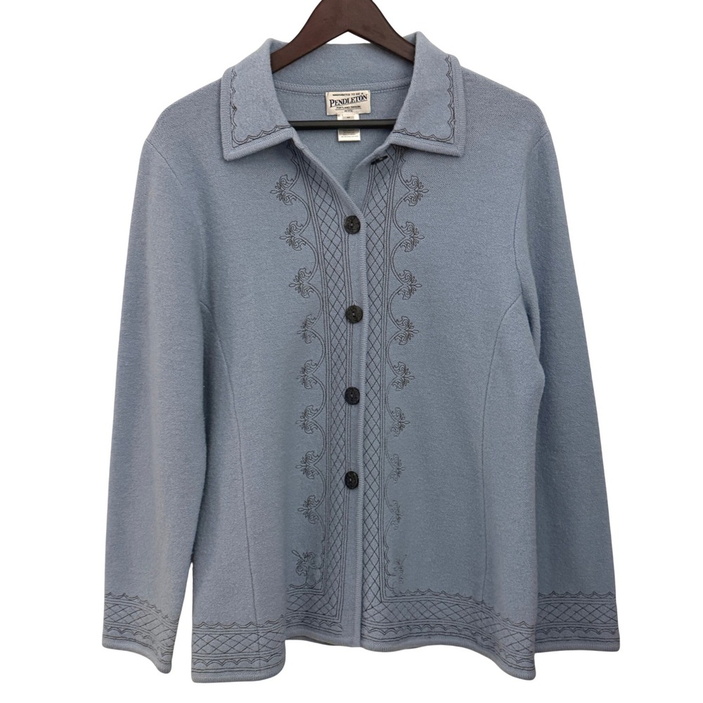 Pendleton‎ Cardigan Sweater Womens PM Blue Merino Wool Embroidered Button
